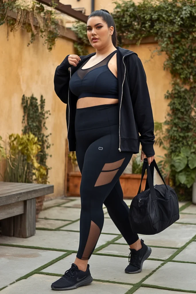 Plus Size Black Mesh Sleeve Athletic Fall Outfit
