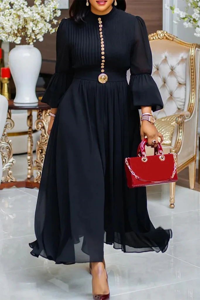Plus Size Black Round Neck Flare Long Sleeve Button Elegant Chiffon Maxi Dress