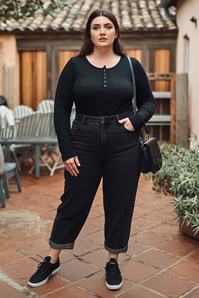 Plus Size Black Thermal Henley Casual Fall Outfit
