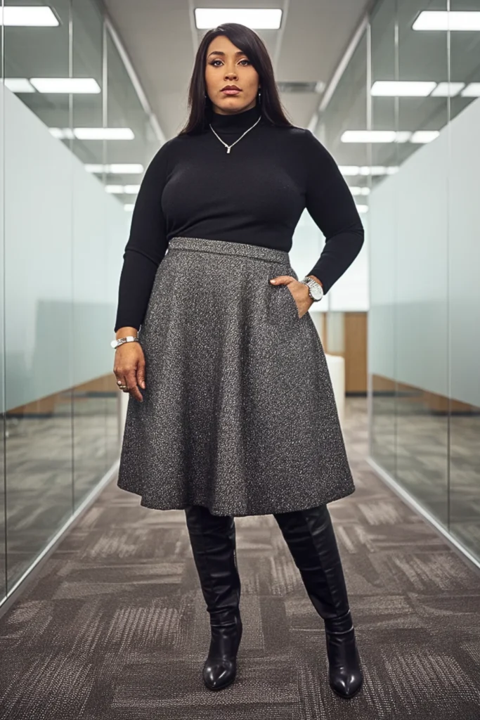 Plus Size Black Turtleneck and Tweed Skirt Fall Outfit