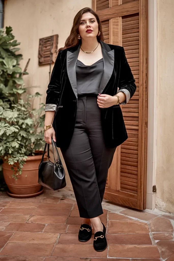 Plus Size Black Velvet Blazer Luxe Fall Outfit
