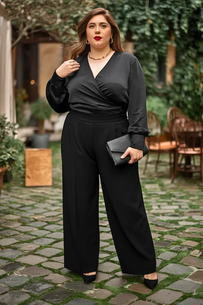 Plus Size Black Wrap Front Blouse Elegant Fall Outfit