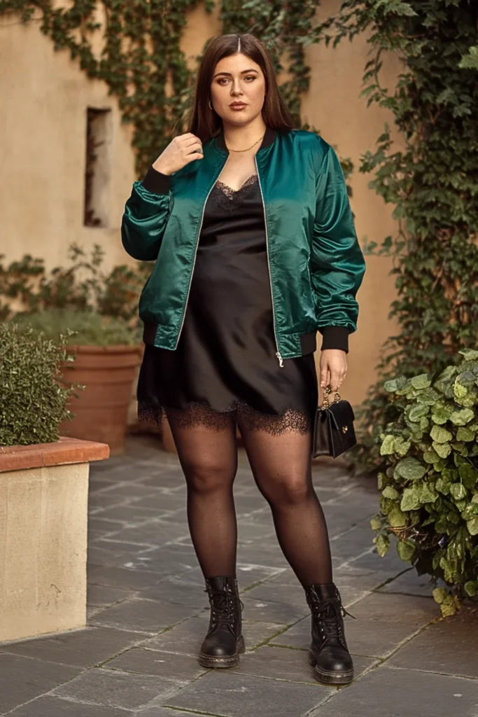 Plus Size Bomber Jacket with Slip Dress Fall Outfit
