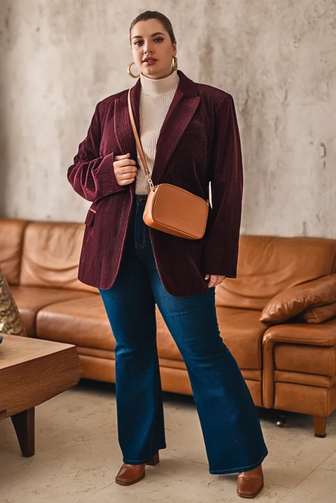 Plus Size Burgundy Corduroy Blazer and Dark Wash Flare Jeans Fall Outfit