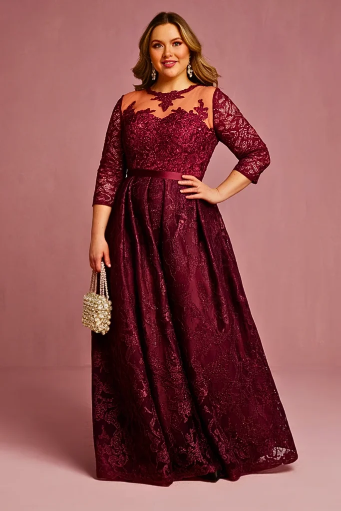 Plus Size Burgundy Lace Illusion Long Wedding Guest Dress