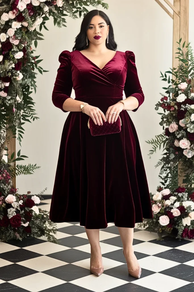 Plus Size Burgundy Velvet Midi Wedding Guest Dress
