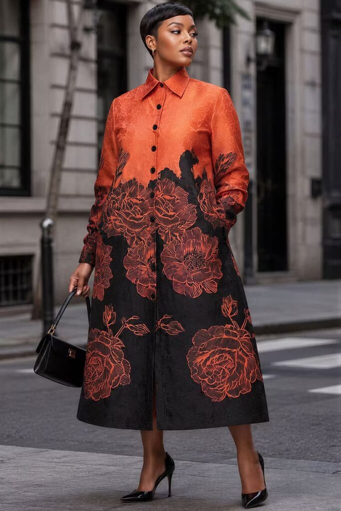 Plus Size Business Casual Multicolor All Over Print Shirt Collar Long Sleeve Pocket Button Satin Shirt Dress