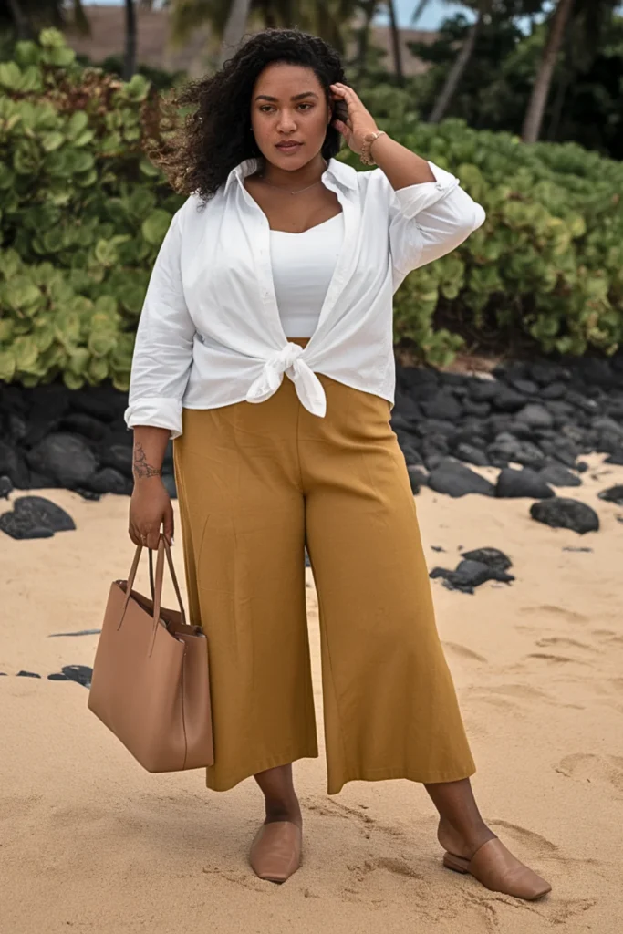 Plus Size Button-Up Shirt with Wide-Leg Cropped Pants Fall Outfit
