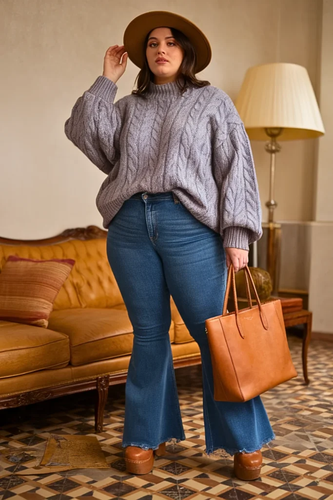 Plus Size Cable Knit Sweater and Bell-Bottom Flare Jeans Fall Outfit