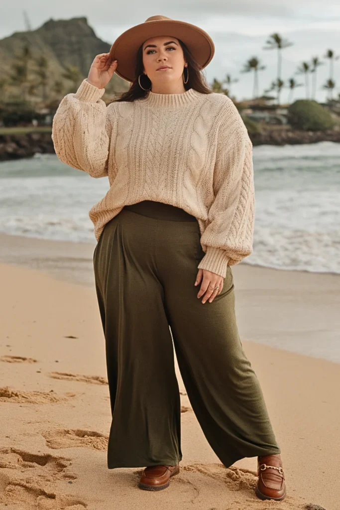 Plus Size Cable Knit Sweater with Palazzo Pants Fall Outfit
