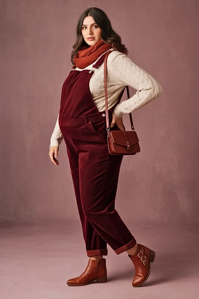 Plus Size Cable Knit Turtleneck with Corduroy Overalls Fall Outfit