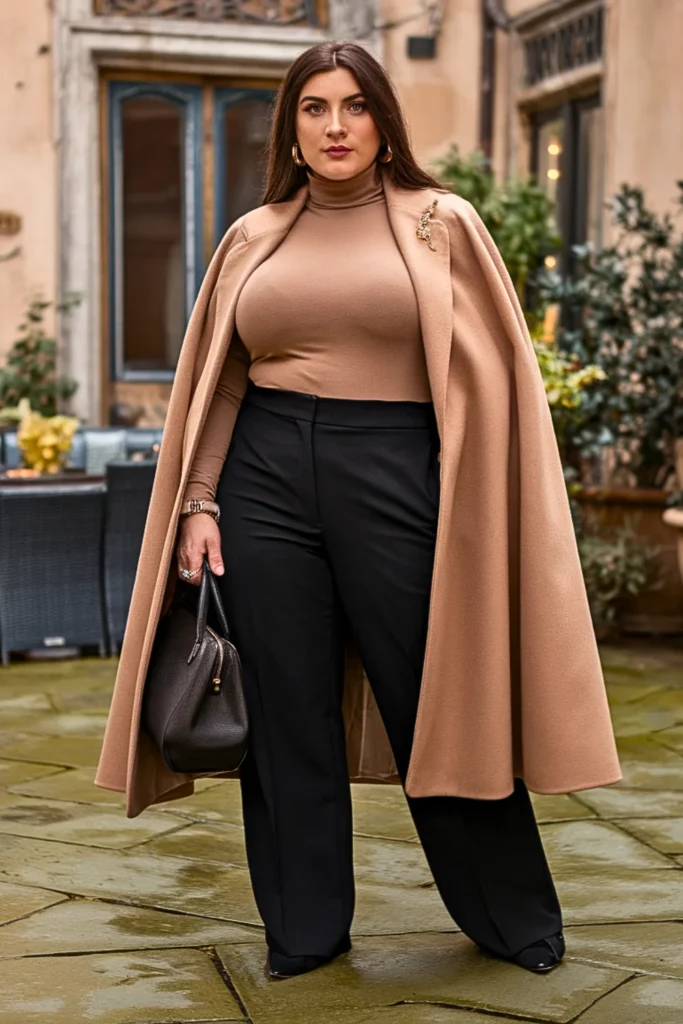 Plus Size Cape Coat with Straight Trousers Fall Outfit