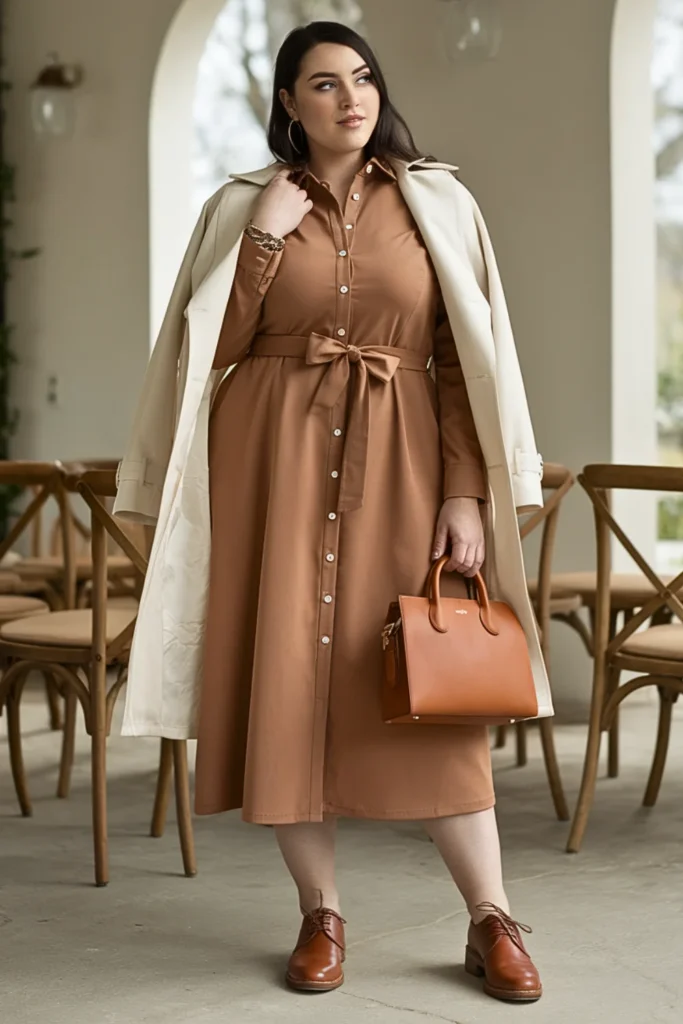Plus Size Caramel Brown Ponte Shirtdress Wedding Guest Dress