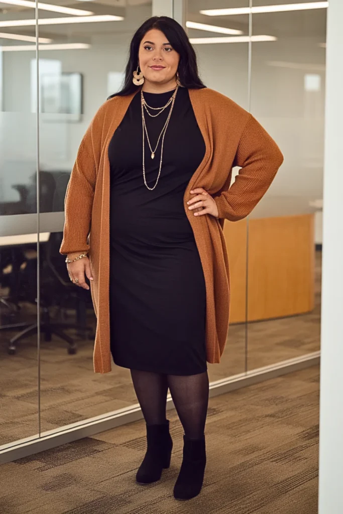 Plus Size Caramel Cardigan and Black Dress Fall Outfit