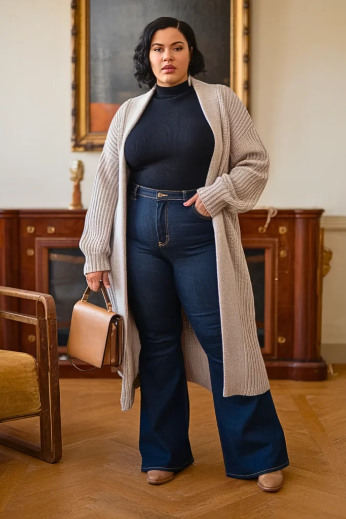 Plus Size Cardigan Coat and Petite Flare Jeans Fall Outfit