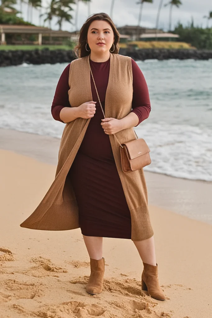 Plus Size Cardigan Vest Over Midi Dress Fall Outfit