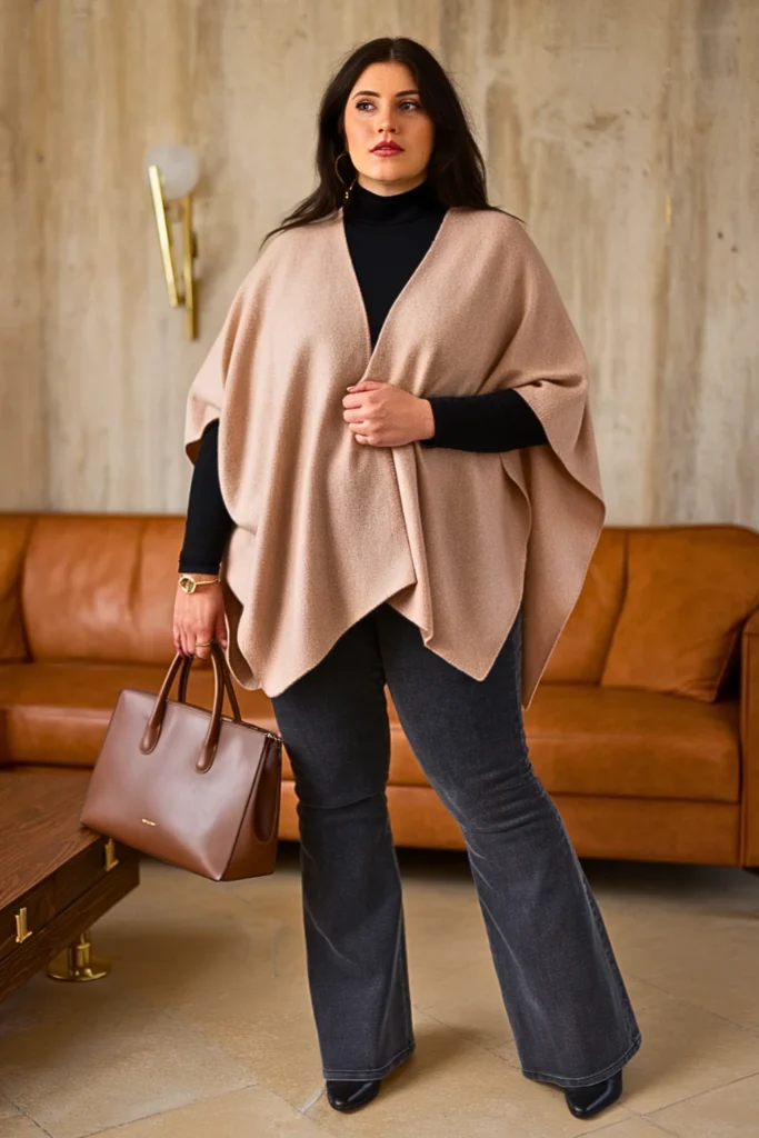 Plus Size Cashmere Poncho and Straight-Leg Flare Jeans Fall Outfit