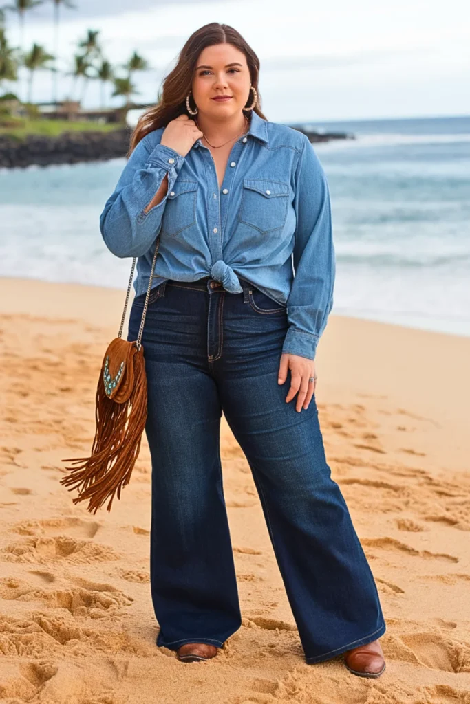Plus Size Chambray Shirt with Wide-Leg Jeans Fall Outfit