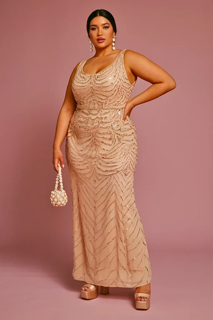 Plus Size Champagne Beaded Sheath Wedding Guest Dress