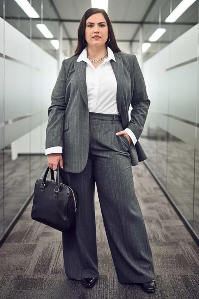 Plus Size Charcoal Pinstripe Pantsuit Fall Outfit