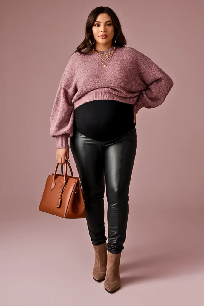 Plus Size Chenille Sweater with Leather Leggings Fall Outfit