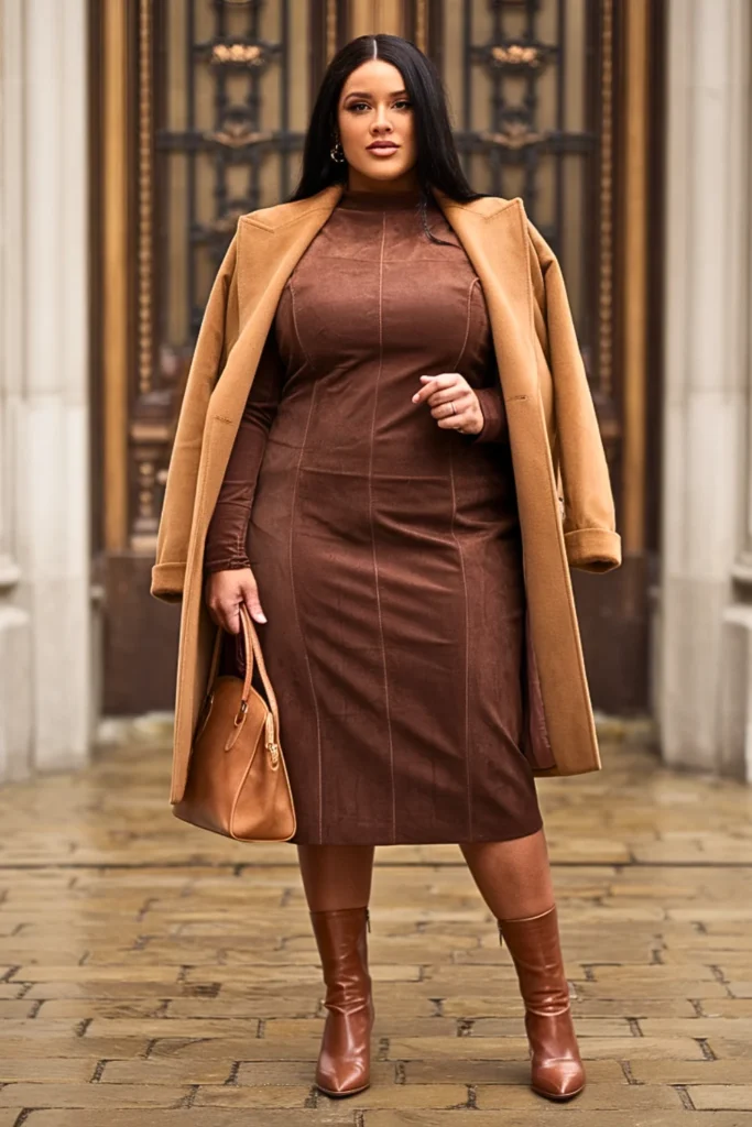 Plus Size Chocolate Brown Suede Wedding Guest Dress
