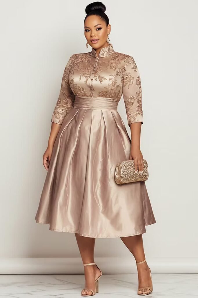 Plus Size Churchs Champagne Stand-Up Collar 3:4 Sleeve Pocket Elegant Contrast Satin Midi Dress