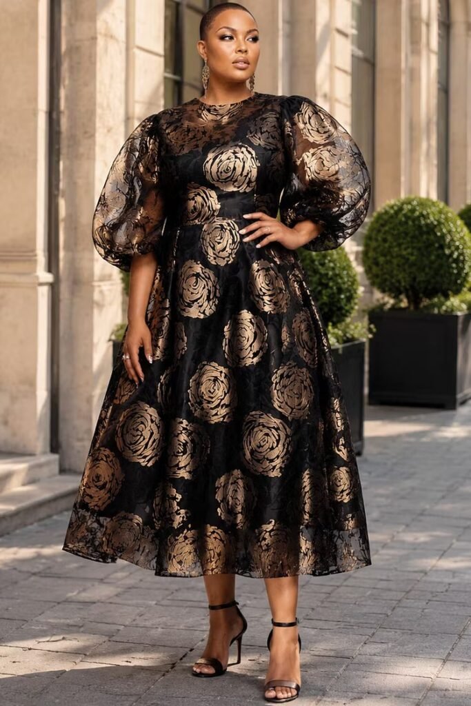 Plus Size Churchs Gold Floral Round Neck Puff Sleeve Half Sleeve Organza Midi Dress