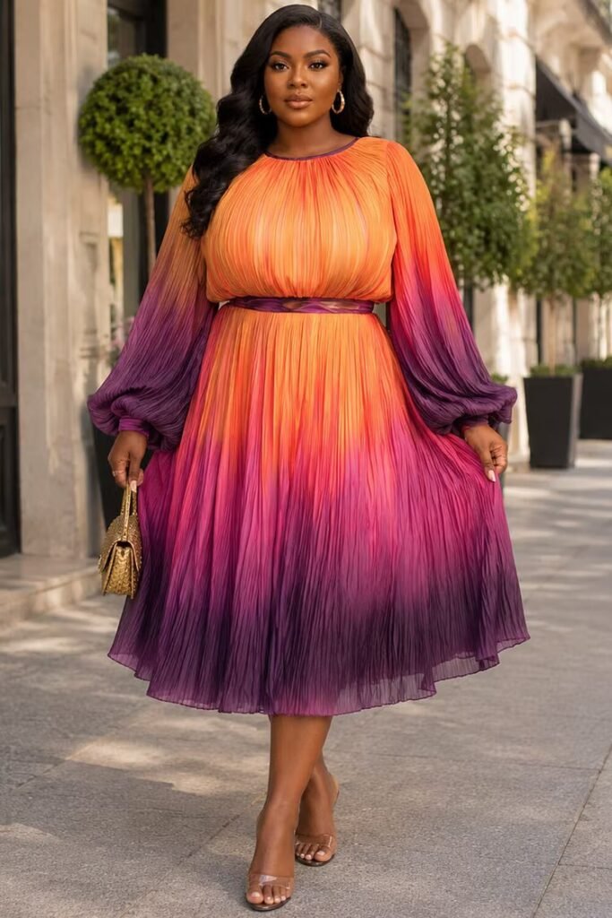 Plus Size Churchs Orange Gradient Round Neck Puff Sleeve Long Sleeve Pleated Chiffon Midi Dress
