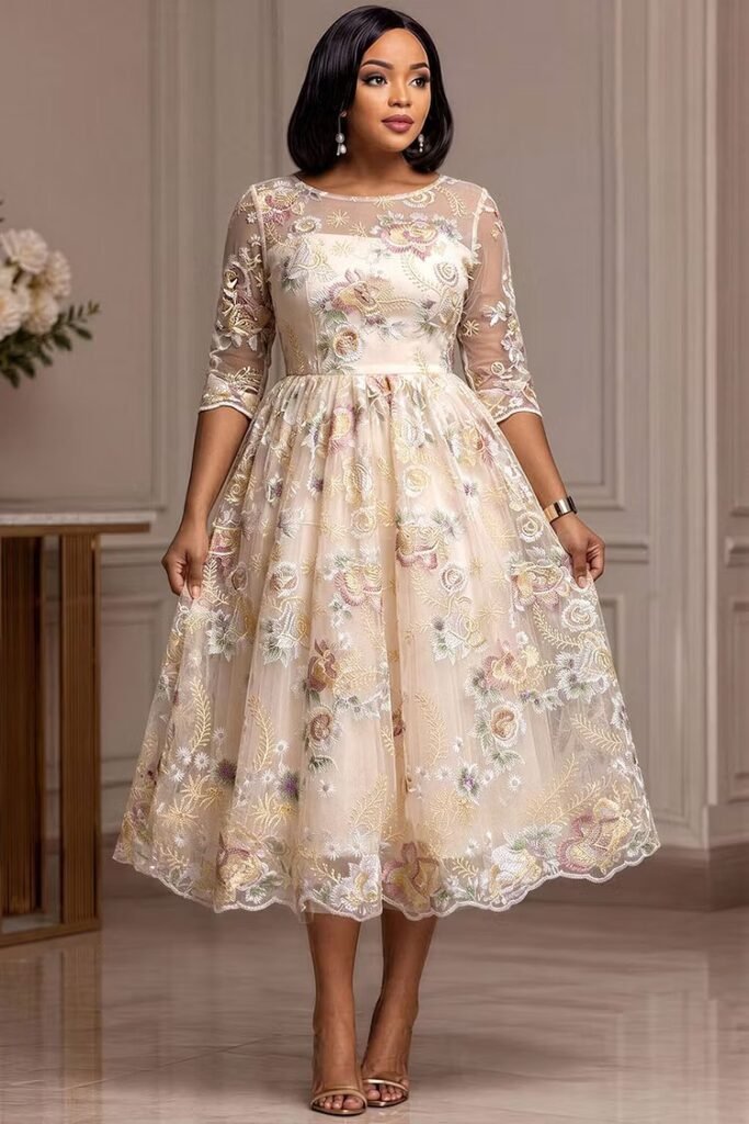 Plus Size Cocktail Party Champagne Round Neck Half Sleeve Embroidery See Through Guipure Lace Midi Dress