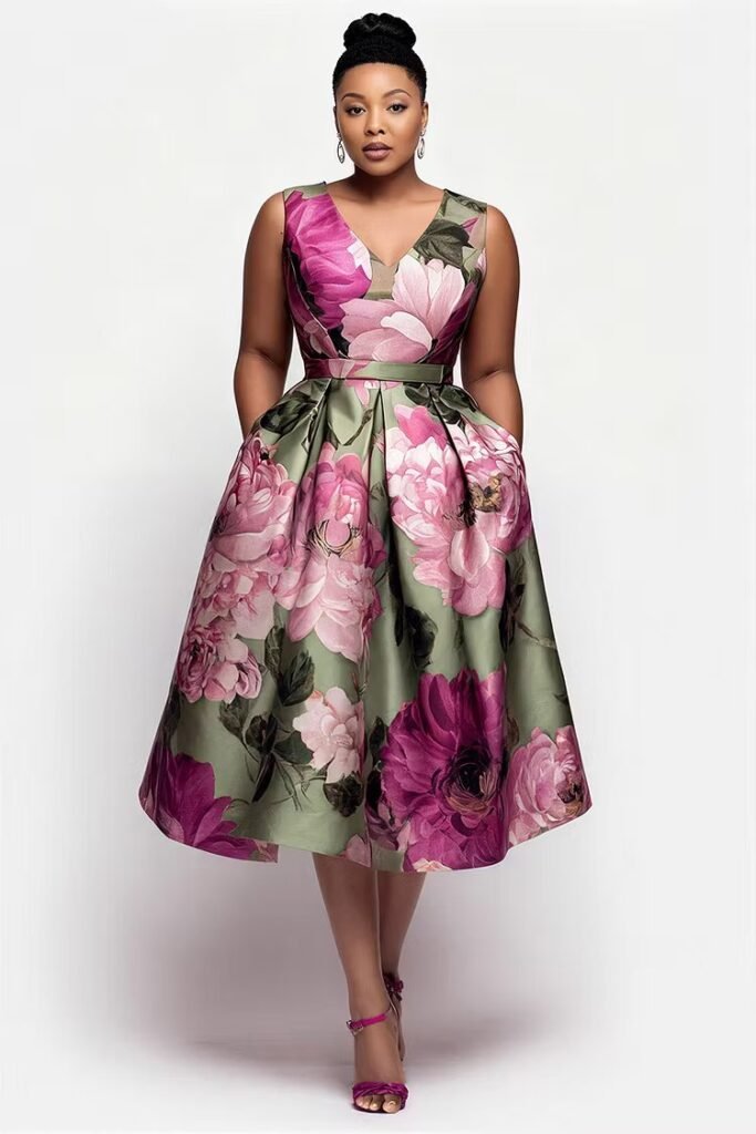 Plus Size Cocktail Party Multicolor Floral V Neck Pocket Satin Midi Dress