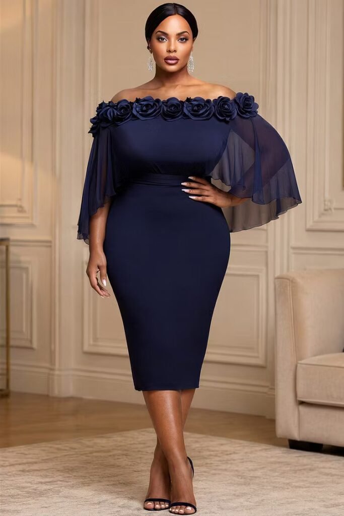 Plus Size Cocktail Party Navy Blue Off The Shoulder Flare Half Sleeve 3D Bodycon Chiffon Midi Dress