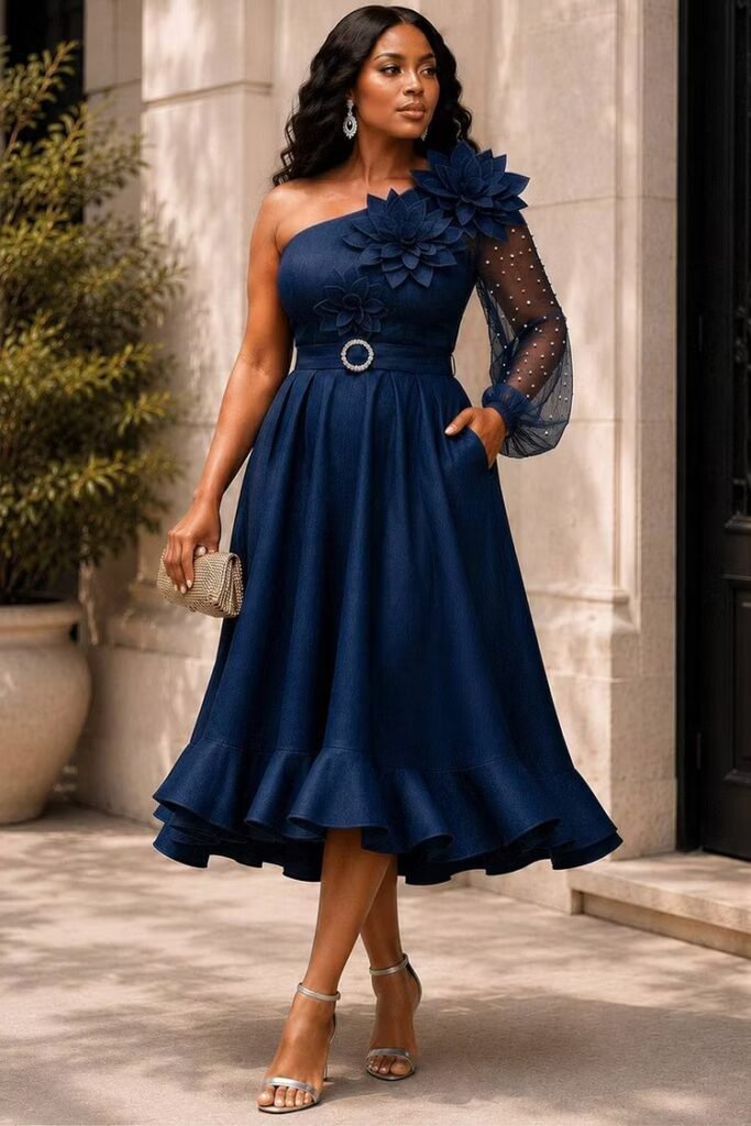 Plus Size Cocktail Party Navy Blue One Shoulder Long Sleeve Contrast Drilling Tencel Denim Midi Dress