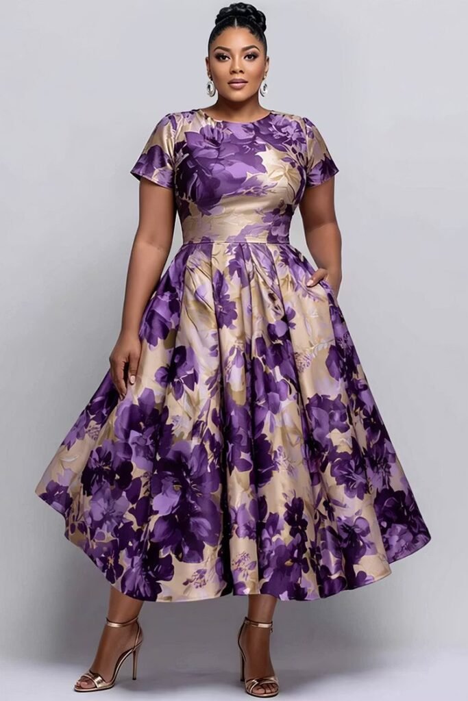 Plus Size Cocktail Party Purple Floral Round Neck Short Sleeve Pocket Satin Midi Dress