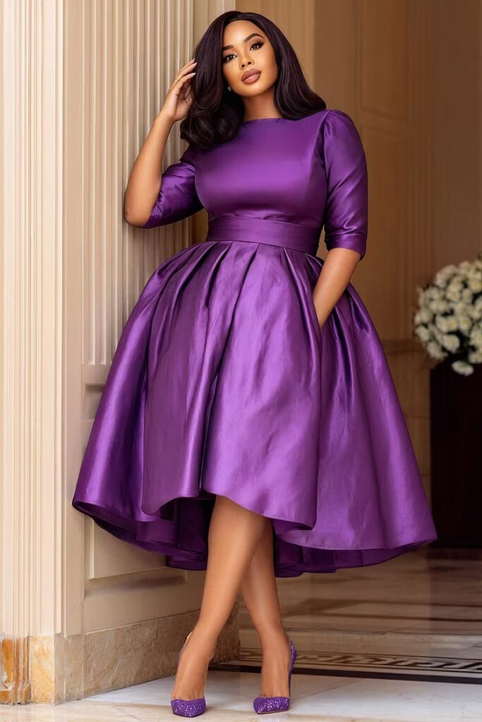 Plus Size Cocktail Party Purple Round Neck Half Sleeve Pocket Satin Midi Dress