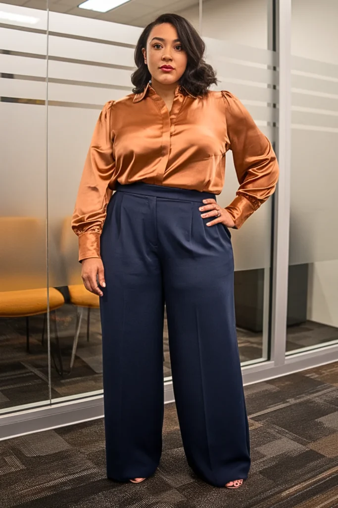 Plus Size Copper Blouse and Navy Trousers Fall Outfit
