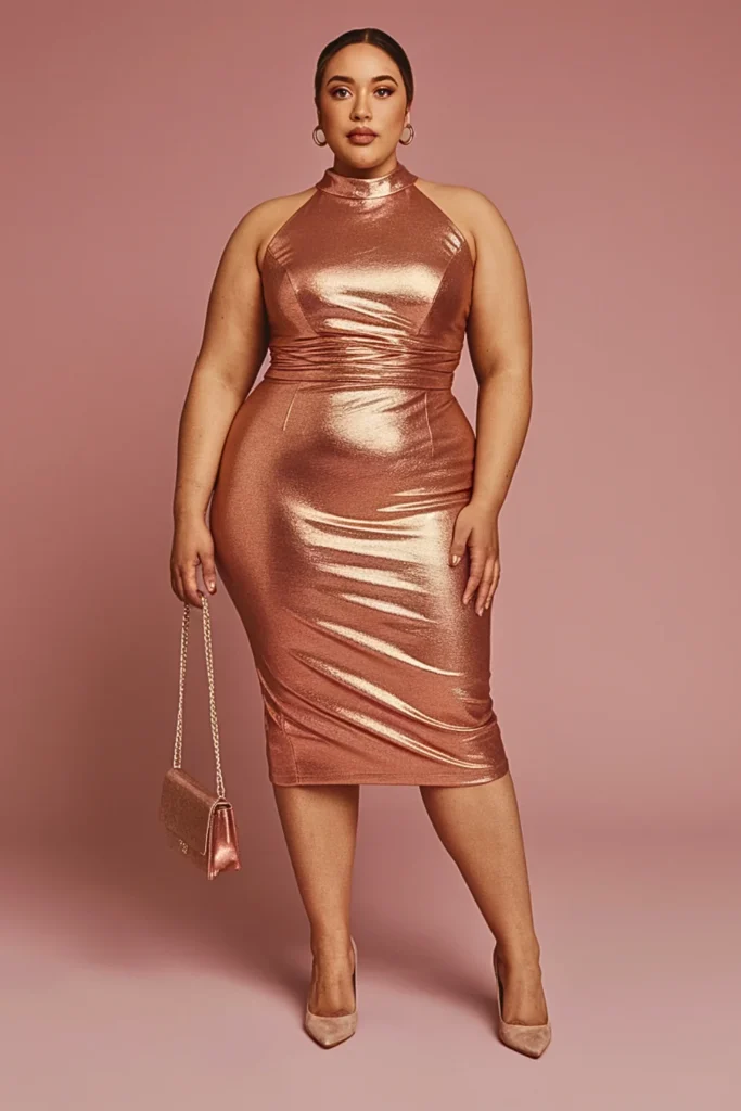 Plus Size Copper Metallic Midi Wedding Guest Dress