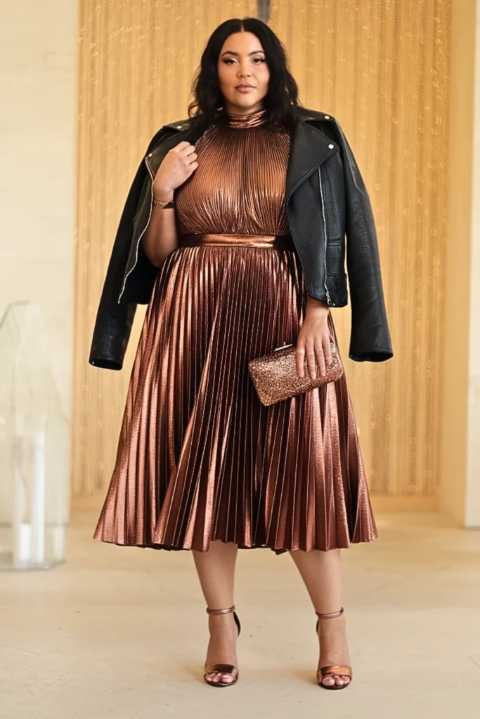 Plus Size Copper Metallic Pleated Wedding Guest Dress