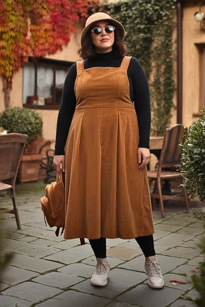 Plus Size Corduroy Overall Dress with Turtleneck Fall Outfit