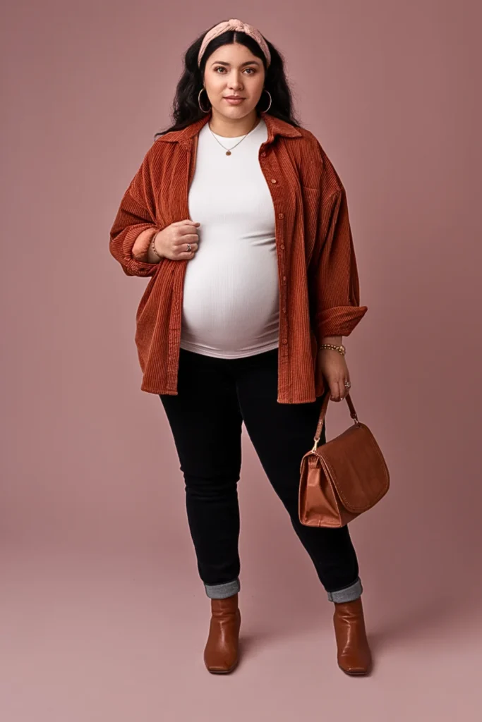 Plus Size Corduroy Shirt Jacket with Fitted Tee Fall Outfit