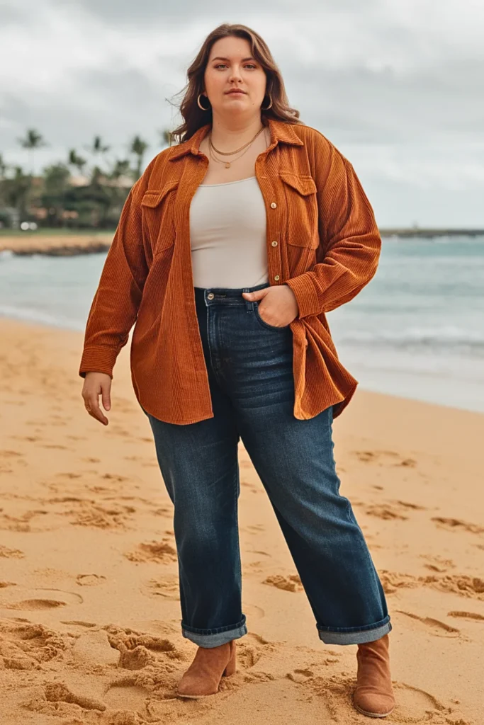 Plus Size Corduroy Shirt with Straight Jeans Fall Outfit