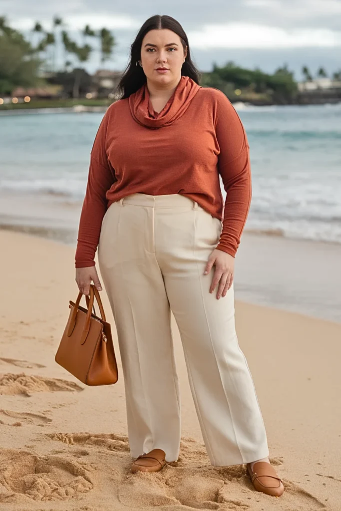 Plus Size Cowl Neck Sweater with Straight-Leg Trousers Fall Outfit