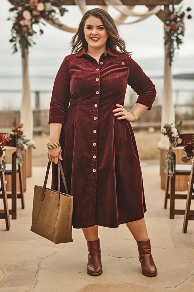 Plus Size Cranberry Red Corduroy Wedding Guest Dress