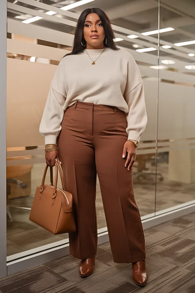 Plus Size Cream Sweater and Brown Pants Fall Outfit