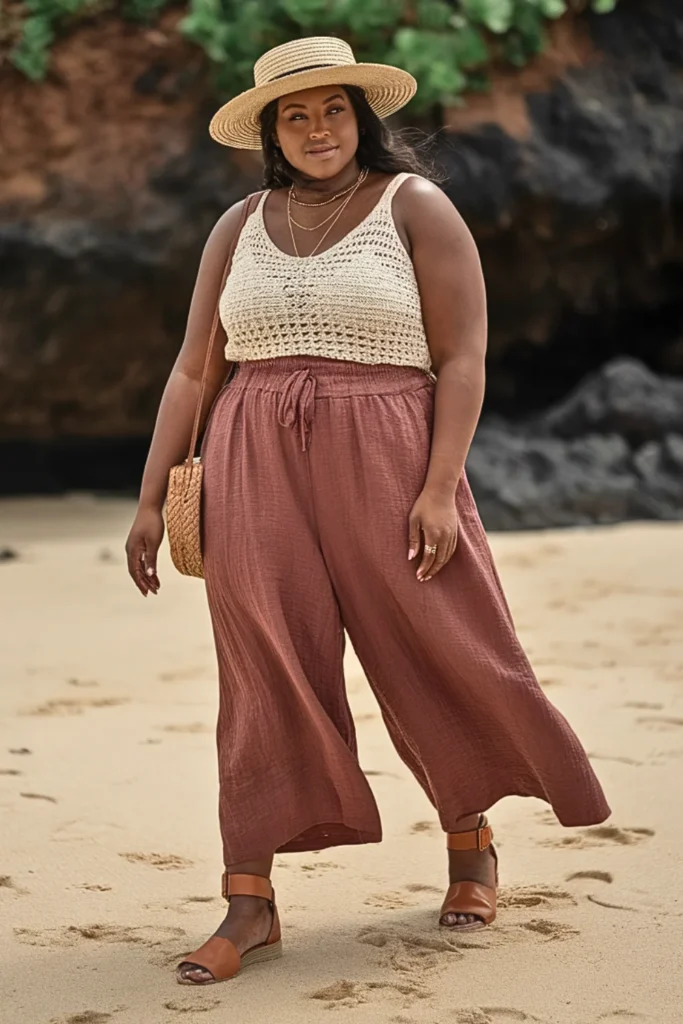 Plus Size Crochet Tank Top with Wide-Leg Linen Pants Fall Outfit