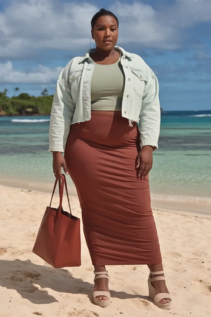 Plus Size Cropped Denim Jacket with Maxi Skirt Fall Outfit
