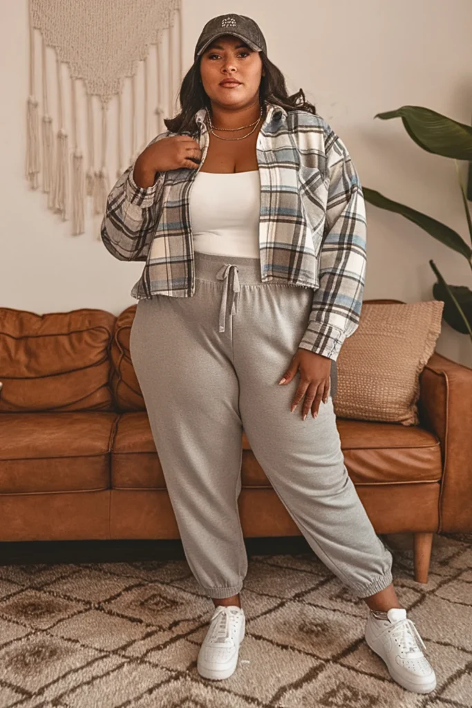 Plus Size Cropped Flannel with High-Waisted Joggers and Sneakers Fall Outfit