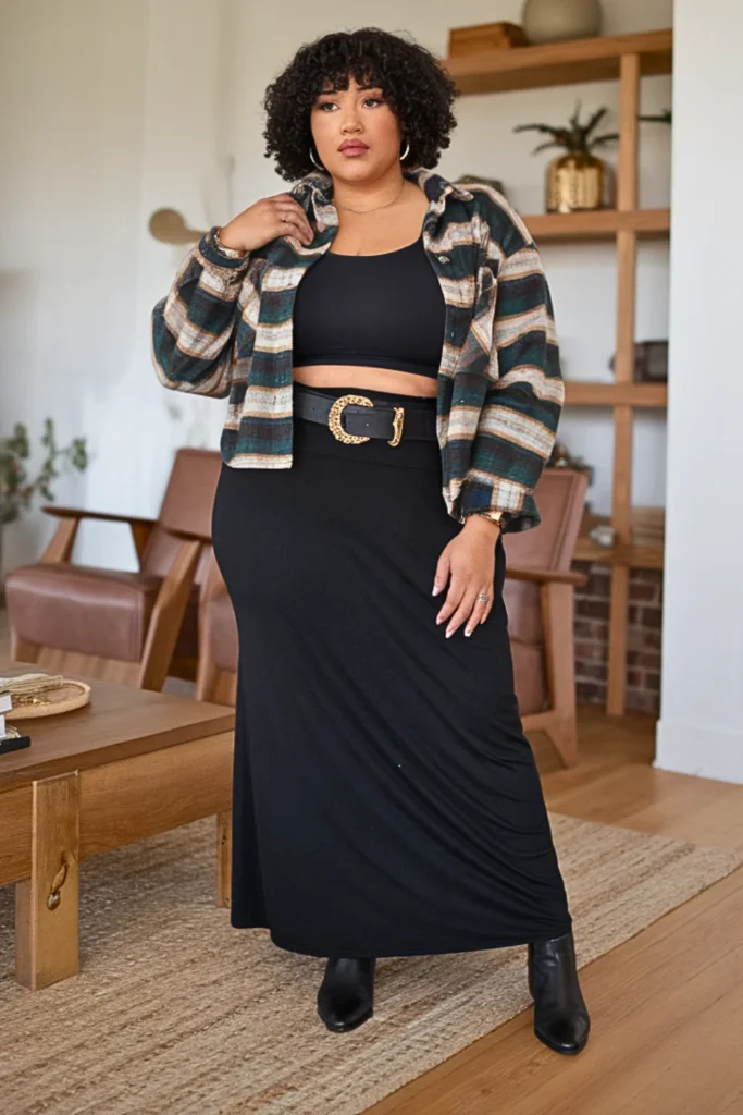 Plus Size Cropped Flannel with High-Waisted Maxi Skirt Fall Outfit