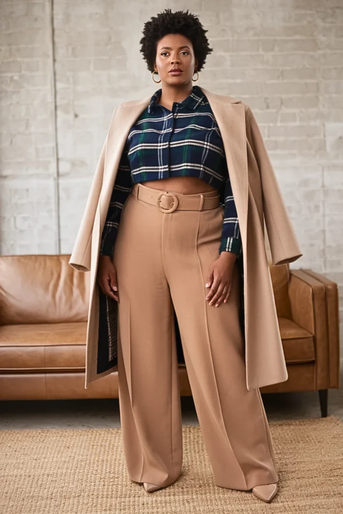 Plus Size Cropped Flannel with High-Waisted Wide Leg Pants Fall Outfit