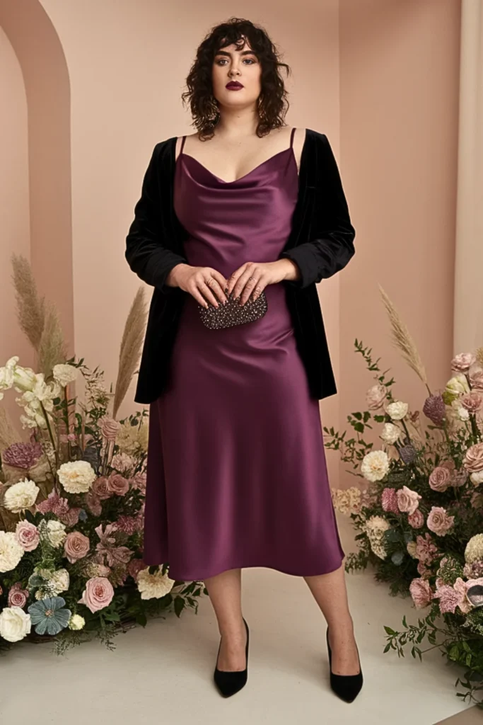 Plus Size Deep Purple Silk Charmeuse Wedding Guest Dress